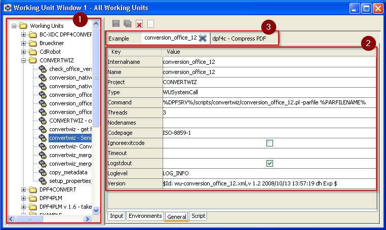 Screenshot of DPF Director showing the working unit tree on the left, the properties of the selected working unit on the right and tabs for each opened working unit on the top.