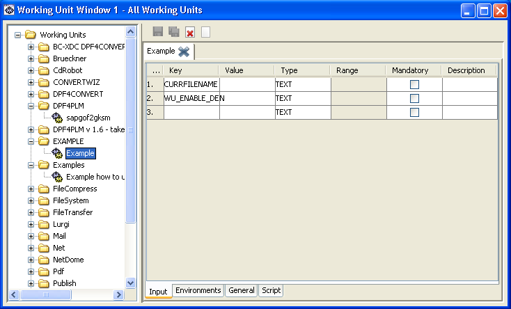 Screenshot of DPF Director showing the input parameters of a working unit