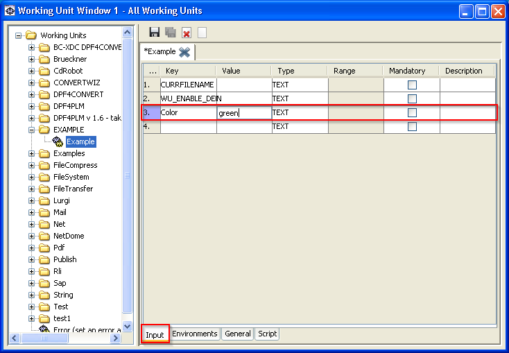 The screenshot of DPF Director shows the Input tab of a working unit with parameters.