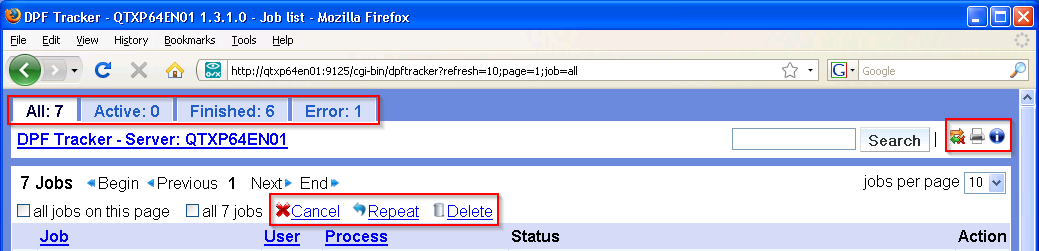 Job statuses in DPF Tracker