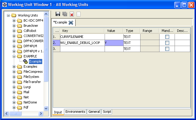 This screenshot shows the setting of WuEnableDebugLoop in the Input tab of a Working Unit